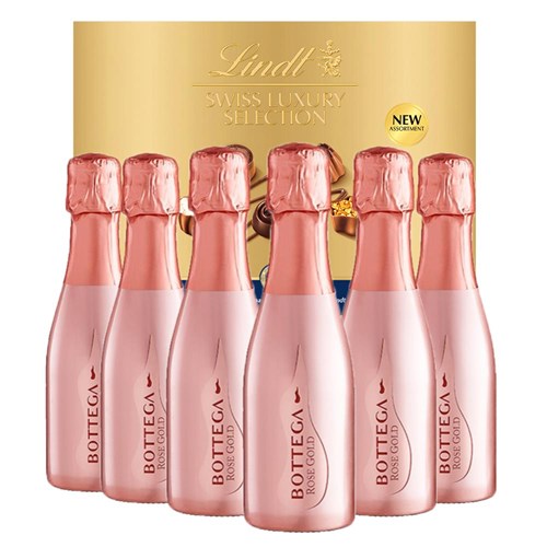 Mini Bottega Rose 20cl Case of 6 with Lindt Swiss Tradition Chocolates 193g